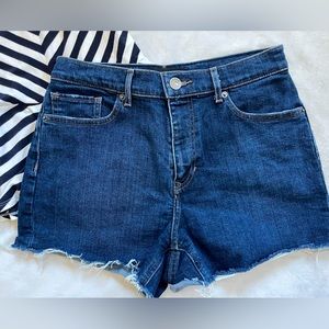 Express Cutoff Denim Shorts | High Rise| Dark Blue | Frayed Hem |